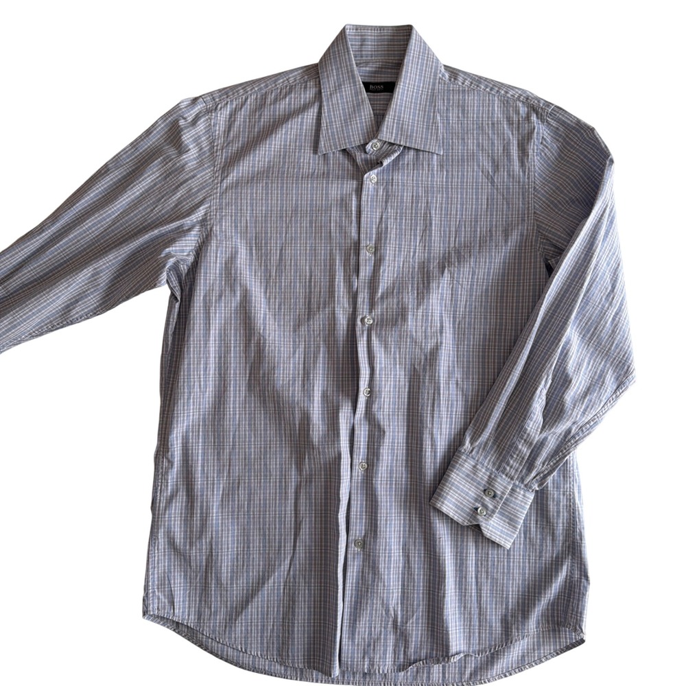 BOSS Hugo Boss Dress Shirt Mens 16.5 32/33 Blue Grey Plaid Cotton Button Down